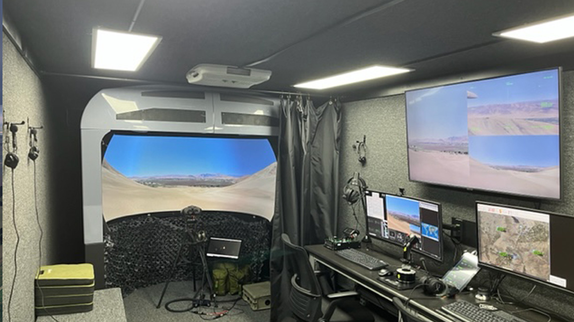 VBS Blue IG drives the visual environment for a mixed reality aircraft simulator with Bugeye hardware and FLEX-air flight model.