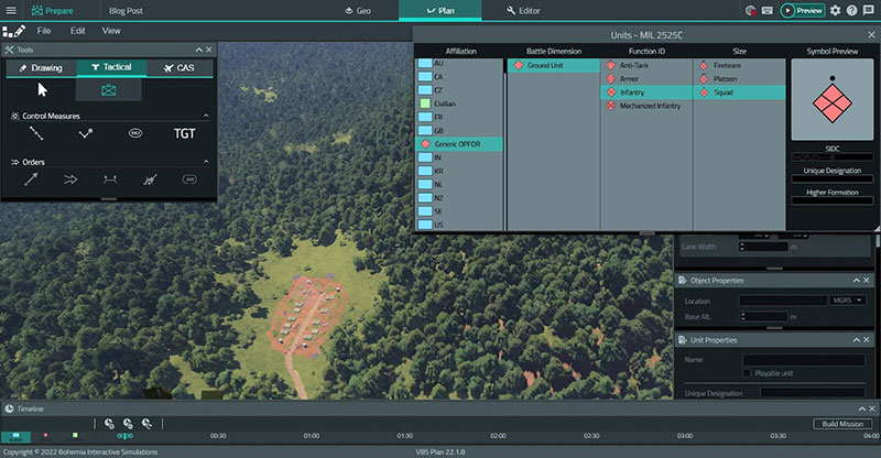 The operator uses VBS Plan to add the reported OPFOR into the camp fully recreating the assessed real-world situation in the virtual world ready to be planned against.
					