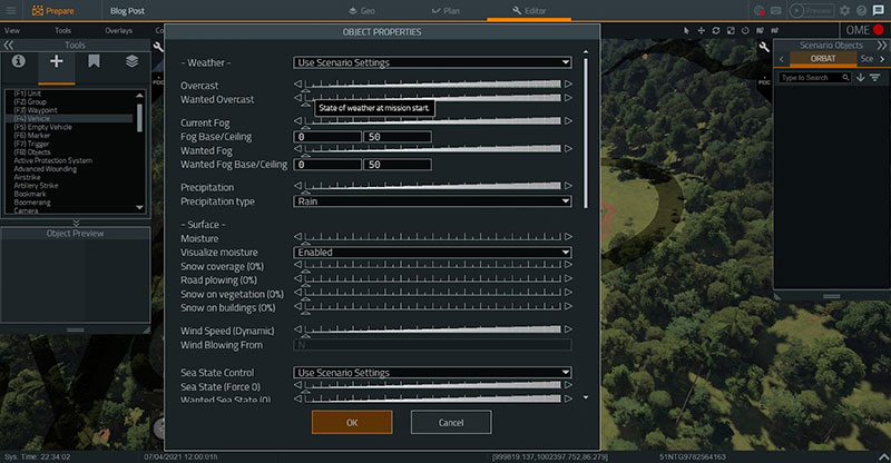 VBS4’s Scenario settings allow for the predicted weather and daylight conditions to be recreated, allowing mission planners to assess the impact of adverse weather on aspects such as visibility